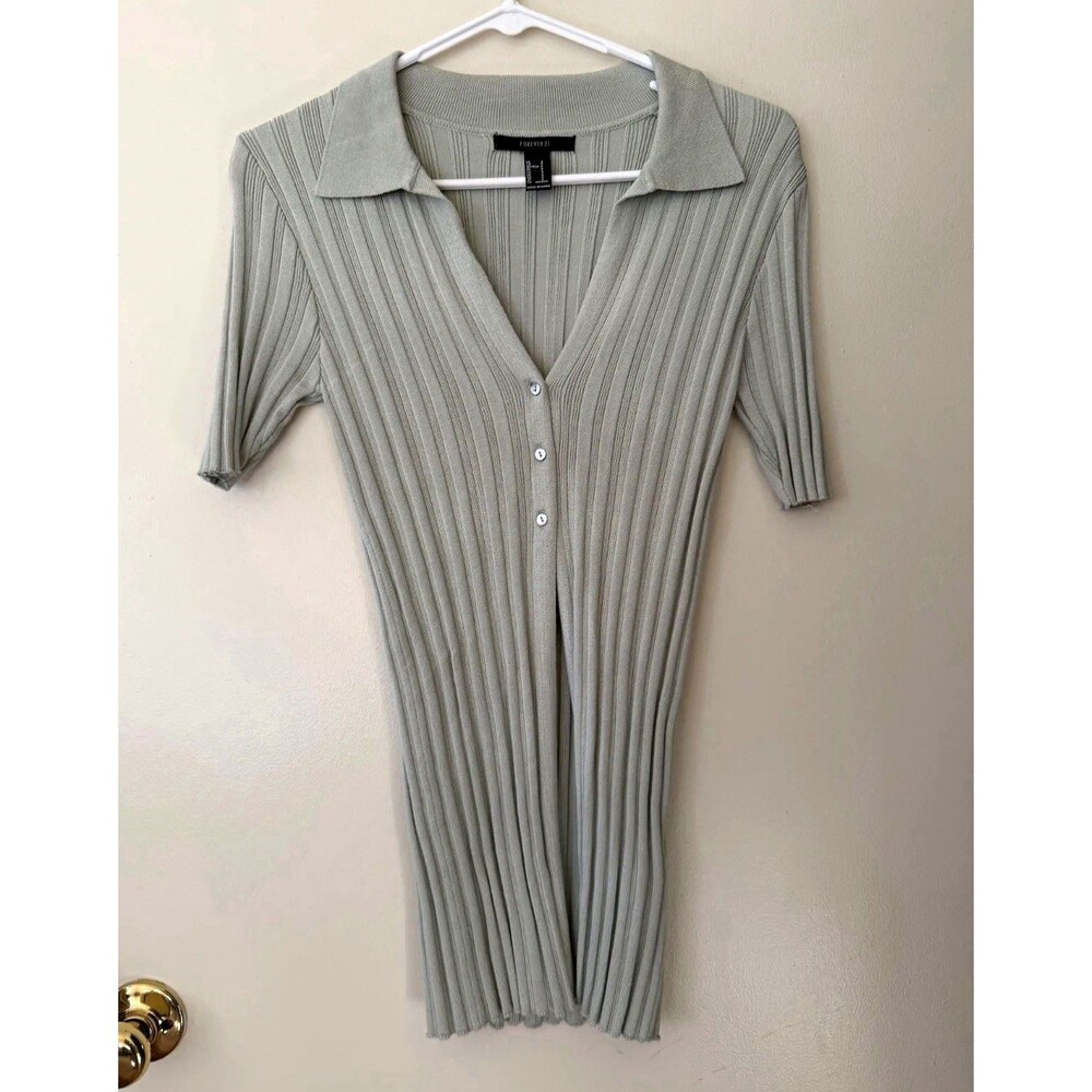 Forever 21 Ribbed Button-Down Polo Dress Sage Green Size S